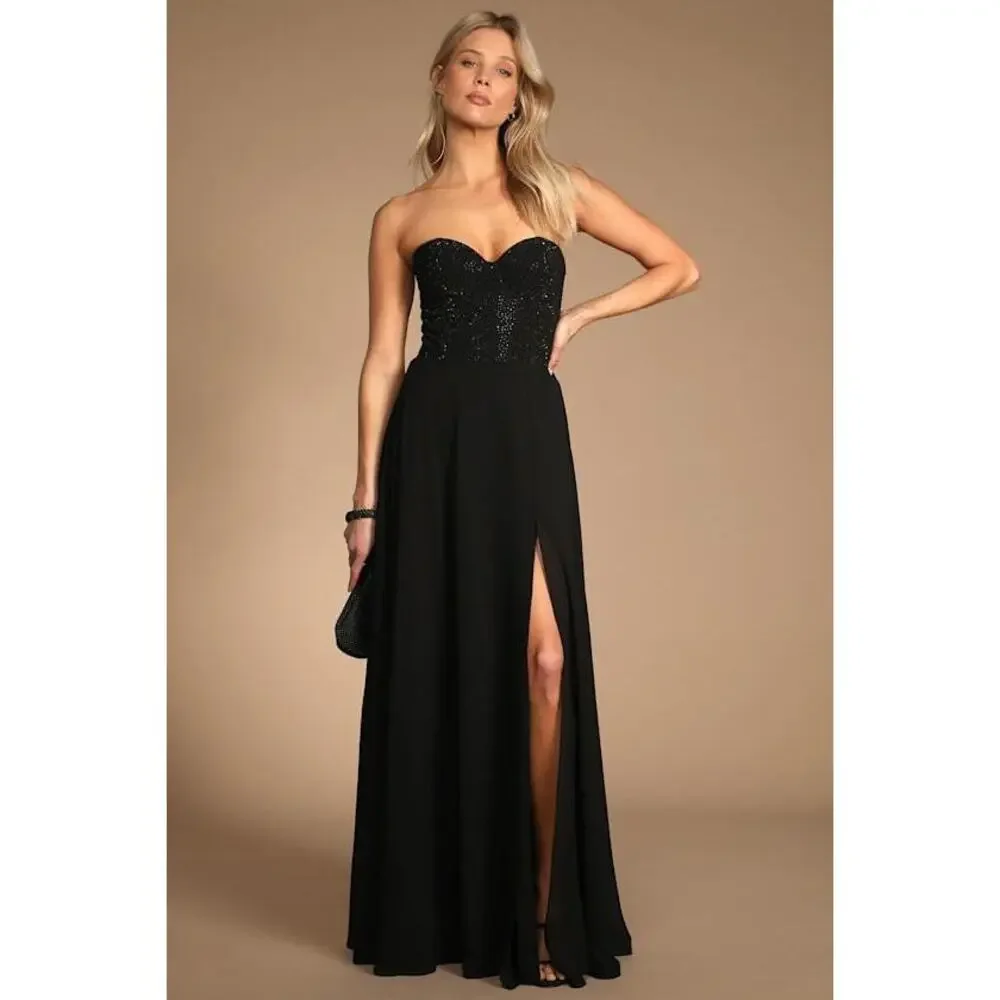 Lulus Remember This Moment Black Rhinestone Strapless Maxi Dress - Size S - Picture 1 of 6